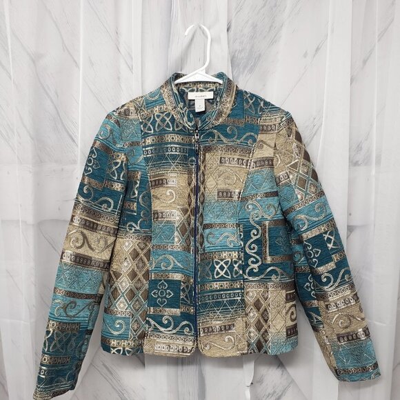 Dressbarn Jacket Blue Brown Embroidered Tapestry Patchwork Artsy Retro M - Picture 9 of 13